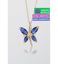 Jewelmim Mavi Gümüş Kelebek Kolye Sarı Altın Kaplama Bayan Kelebekli 925 Ayar Kadın Gümüş Kelebek Kolyesi (Sarı)