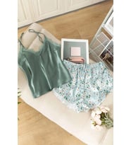 Merry See Dantel İşlemeli Çiçek Desenli Şort Pijama Takımı (Yeşil)