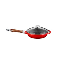 Lava Döküm Yuvarlak Kızartma Tavası Cam Kapaklı Döküm Demir Sök - Tak Ahşap Sap Çap(Ø)24cm (Kırmızı)