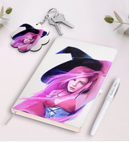 BK Gift Kişiye Özel Bayan Cadı Karikatürlü Siyah Defter Kalem Ve Anahtarlık Hediye Seti-4 (Model 2)