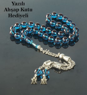 Tesbih Otağı Gümüş İsimli Ateş Kehribar Tesbih Kişiye Özel Harfli Ahşap Kutulu Sertifikalı Tespih (Mavi)