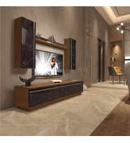 Decoraktiv Eko 5DB Mdf Std Tv Ünitesi Tv Sehpası - Parlak Beyaz (Ceviz - Siyah Mermer)