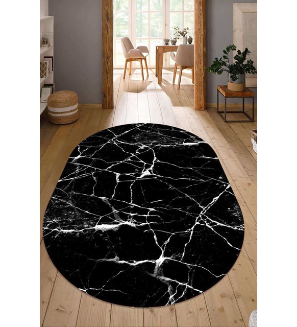 Dijital Baskılı Kaymaz Taban Yıkanabilir Oval Salon Halısı Mutfak Halısı Yolluk NDO-HT-417 (Siyah)