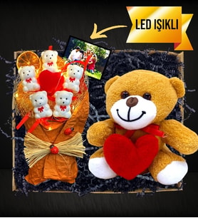 Kişiye Özel Fotoğraflı Led Işıklı Kalpli Ayıcıklar Buketi & Kalpli Peluş Ayıcık (Turuncu)