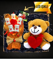 Kişiye Özel Fotoğraflı Led Işıklı Kalpli Ayıcıklar Buketi & Kalpli Peluş Ayıcık (Turuncu)