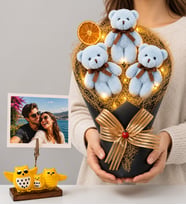 Kişiye Özel Fotoğraflı Led Işıklı Peluş Ayıcık Buketi (Mavi) ve Baykuş Fotoğraf Tutucu
