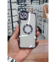 iPhone 15 Kılıf Köşeleri Renkli Şeffaf Kamera Korumalı Silikon Luxury Kapak (Mor)