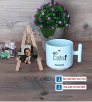 Gazeteci Kupa Bardak Beyaz ve Fotoğraflı Ahşap Anahtarlık Hediye (Model 12)