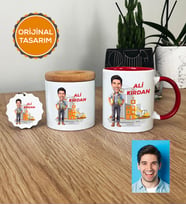 Kişiye Özel Karikatürlü İnşaat Mühendisi Hediye Seti Kupa Bardak, Kalemlik, Anahtarlık Erkek İnşaat Mühendisine Mühendisler Günü Hediyesi (Kırmızı)