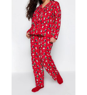 Tarz Rahat Büyük Beden Uzun Kollu Boru Paça Yılbaşı Temalı Örme Pijama Takımı (Kırmızı)