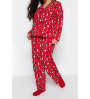 Tarz Rahat Büyük Beden Uzun Kollu Boru Paça Yılbaşı Temalı Örme Pijama Takımı (Kırmızı)