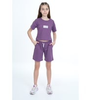 Toontoy Kız Çocuk Crop Aloha Yazı Baskılı Şortlu Takım (Mor)