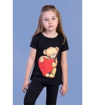 Toontoy Kız Çocuk Kalpli Ayıcık Baskılı Taş İşlemeli Tişört (Siyah)
