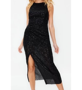 Moda Stil Fitted Halter Yaka Midi Boy Vücuda Oturan Örme Parıltılı Pul Payet Şık Abiye Elbise (Lacivert)