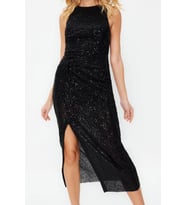 Moda Stil Fitted Halter Yaka Midi Boy Vücuda Oturan Örme Parıltılı Pul Payet Şık Abiye Elbise (Lacivert)