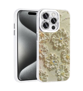 Apple iPhone 14 Pro Max Kılıf Çiçek Desenli Parlak Taşlı Sert Silikon Zore Garden Kapak (Beyaz)