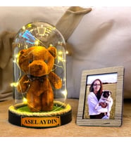 Kişiye Özel Fotoğraflı ve İsimli Hediye Seti, Renkli Peluş ve Led Işıklı Fanus HA1 (Kahverengi)