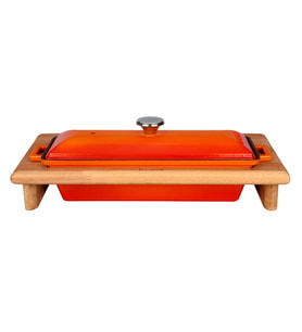 Lava Döküm Ekmek Tenceresi / Kayın Ağacı Servis Standı / Terrine Serisi. Ölçü 11x29cm. (Turuncu)