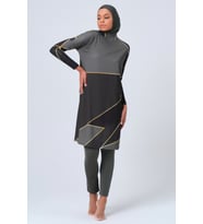 Alfasa Gold Desen Detaylı Rahat Tesettür Mayo (Haki)