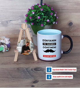Erkek Öğretmene Hediye Kupa Bardak Beyaz ve Fotoğraflı Ahşap Anahtarlık Hediye (Model 9)