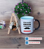 Erkek Öğretmene Hediye Kupa Bardak Beyaz ve Fotoğraflı Ahşap Anahtarlık Hediye (Model 9)