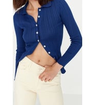 Kadın Modern Tarz Slim Polo Yaka Regular Triko Hırka (Lacivert)