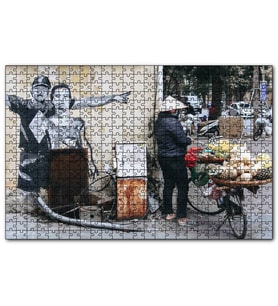 Cakapuzzle Duvar Boyama Adamlar ve Bisikletli Satıcı  Puzzle Yapboz MDF (Ahşap) (1000 Parça)