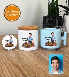 Kişiye Özel Karikatürlü Diyetisyen Hediye Seti Pastel T Kupa, Kalemlik, Anahtarlık Diyetisyenler Günü Hediyesi Erkek Diyetisyene Hediye (Mavi)