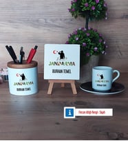 Jandarma Hediye Seti Dekoratif Taş, Kalemlik, Ahşap Altlıklı Türk Kahvesi Fincanı Hediye (Model 7)