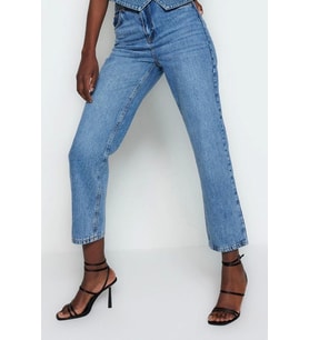 Stil Kadın Moda Denim Kot Pantolon Regular Boru Paça Yüksek Bel Straight Jeans (Mavi)