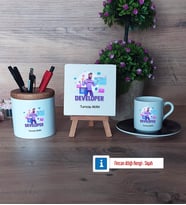 Developer Hediye Seti Dekoratif Taş, Kalemlik, Ahşap Altlıklı Türk Kahvesi Fincanı Hediye (Model 7)