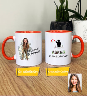 Kişiye Özel Karikatürlü Kadın Asker Kupa Bardak Asker Sevgiliye Doğum Günü Hediyesi (Turuncu)