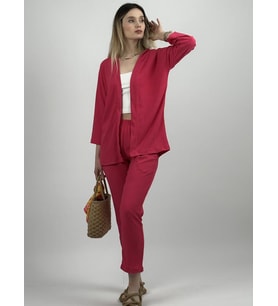 Kadın Pantolonlu Alt Üst İkili Kimono Takım Rahat Kalıp (Pembe)