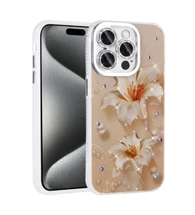 Apple iPhone 14 Pro Max Kılıf Çiçek Desenli Parlak Taşlı Sert Silikon Zore Garden Kapak (Açık Pembe)