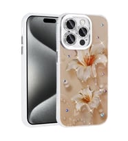 Apple iPhone 14 Pro Max Kılıf Çiçek Desenli Parlak Taşlı Sert Silikon Zore Garden Kapak (Açık Pembe)