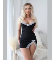 Beleng Yan Derin Yırtmaçlı Dantell Mini Gecelik/Babydoll-Kırmızı-Saks/Siyah (Siyah)