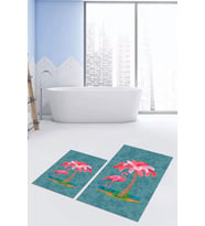 EVDEYA Baskılı Yıkanabilir Flamingo Desenli İkili Banyo Halısı Paspas Klozet Takımı, KLOZET-30-GRİ, (Mavi)