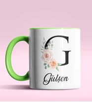 Kişiye Özel G Harfi Temalı Gül Tasarım Siyah Renk Kupa (Yeşil)