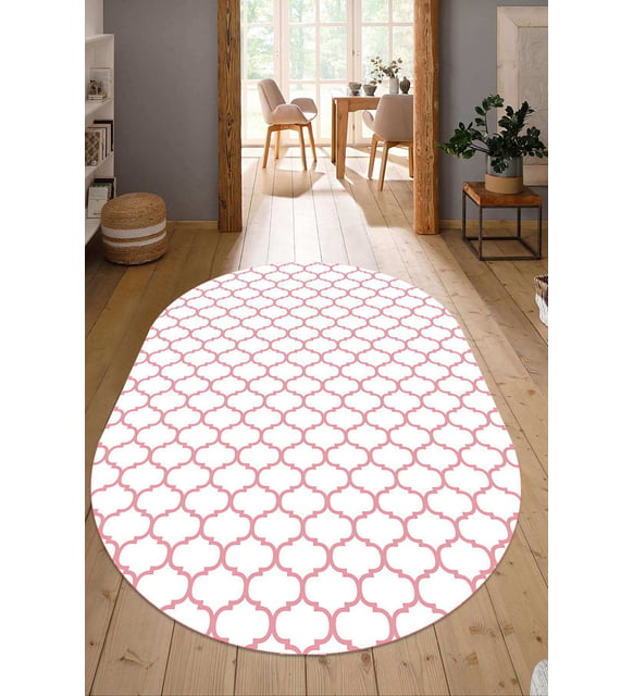 Dijital Baskılı Kaymaz Taban Yıkanabilir Oval Salon Halısı Mutfak Halısı Yolluk NDO-HT-545 (Beyaz-Pembe)