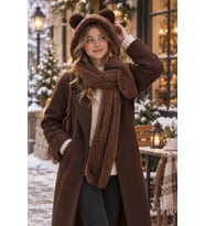 Kışın Rahatlığını Yakalayın: Kapşonlu Welsoft Peluş Bere - Atkılı - Polar Boyunluk Şalı (Koyu Kahverengi )