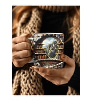 Kitaplık Kütüphane Baskılı 3D Tasarım Seramik Kupa Mug - Hediyelik Kupa Bardak (05)