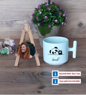 Sevimli Panda Kupa Bardak Beyaz ve Fotoğraflı Ahşap Anahtarlık Hediye (Model 12)