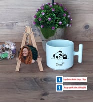 Sevimli Panda Kupa Bardak Beyaz ve Fotoğraflı Ahşap Anahtarlık Hediye (Model 12)
