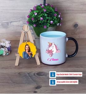 Unicorn Kupa Bardak Beyaz ve Fotoğraflı Ahşap Anahtarlık Hediye (Model 9)