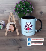 Sevimli Panda Kupa Bardak Beyaz ve Fotoğraflı Ahşap Anahtarlık Hediye (Model 11)