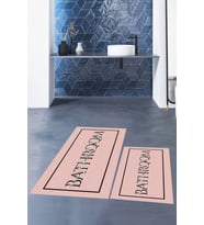 EVDEYA Baskılı Yıkanabilir Çerçeveli Bathroom Yazılı Banyo Paspası Klozet Takımı, KLOZET-6-BEYAZ, (Pembe)