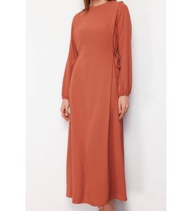 Moda Regular Casual Günlük Aerobin Dokuma Bisiklet Yaka Uzun Kol Shift Maxi Boy Tesettür Elbise (Kiremit)