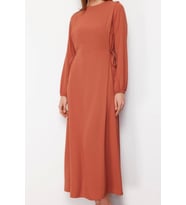 Moda Regular Casual Günlük Aerobin Dokuma Bisiklet Yaka Uzun Kol Shift Maxi Boy Tesettür Elbise (Kiremit)