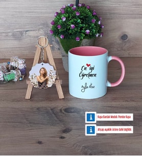 En İyi Öğretmen Kupa Bardak Beyaz ve Fotoğraflı Ahşap Anahtarlık Hediye (Model 6)