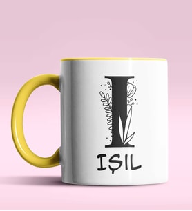 Kişiye Özel I Harfi Romantik Tasarım Siyah Renk Kupa (Sarı)